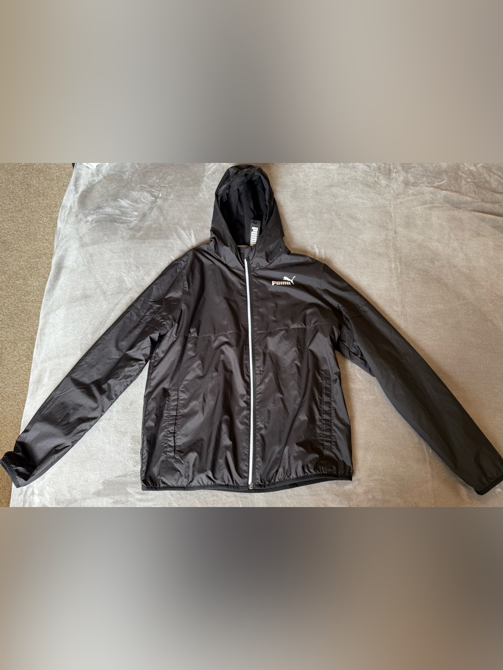 Puma Black Hooded Windbreaker with White Zip & Logo
